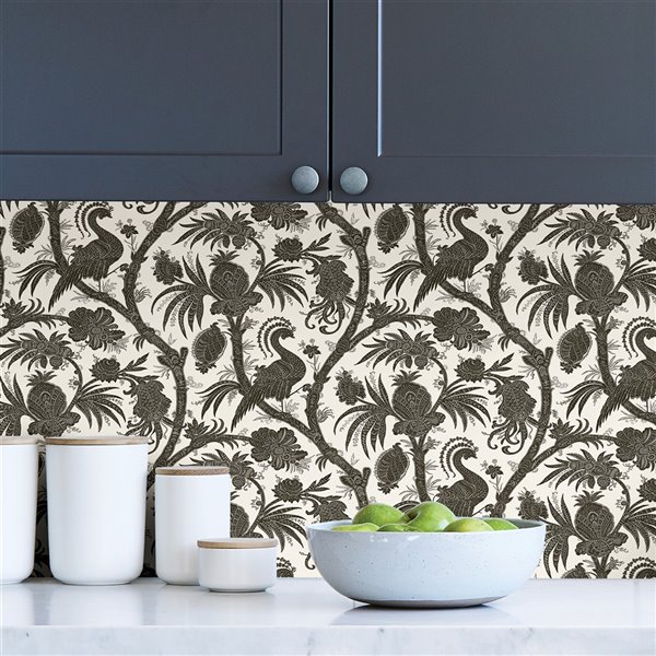 Scalamandre Balinese Peacock Self Adhesive Wallpaper - Charcoal