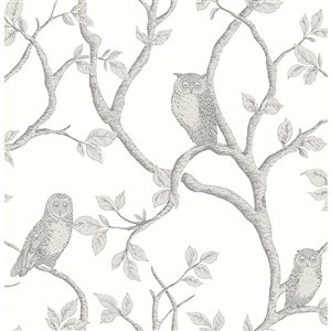 Papier peint Owl Enchanted Forest and Tree de Brewster, gris