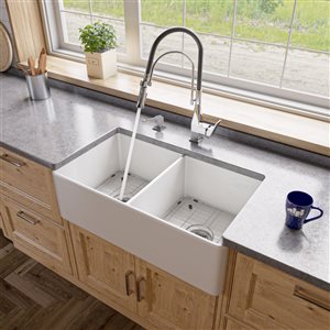 ALFI Brand Drop-in/Undermount Fireclay Farm Sink - Double Bowl - 33-in x 18-in - White
