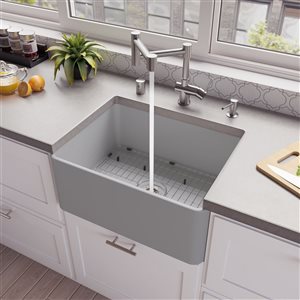 ALFI brand Drop-in/Undermount Fireclay Farm Sink - Single Bowl - 24-in x 18-in - Grey Matte