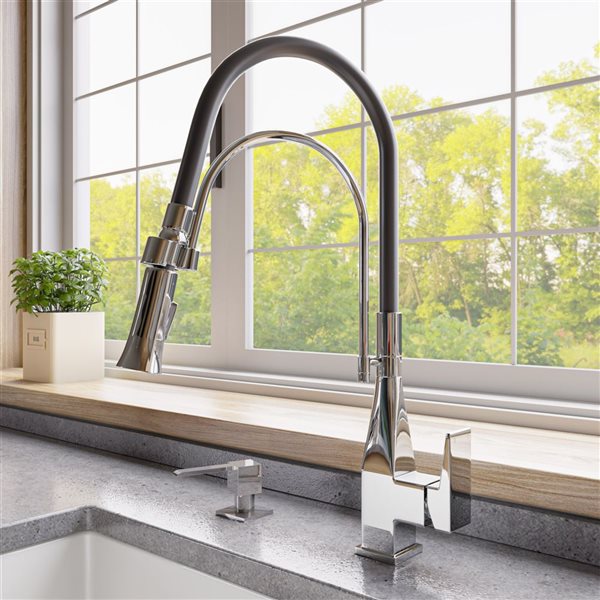 ALFI brand Square Pull-Out Kitchen Faucet with Black Rubber Stem - Polished Chrome