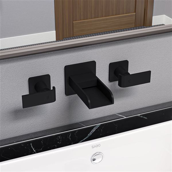 Image of Alfi Brand | Widespread Wall Mounted Modern Waterfall Bathroom Faucet - 2-Handle - Black Matte, Brass | Rona
