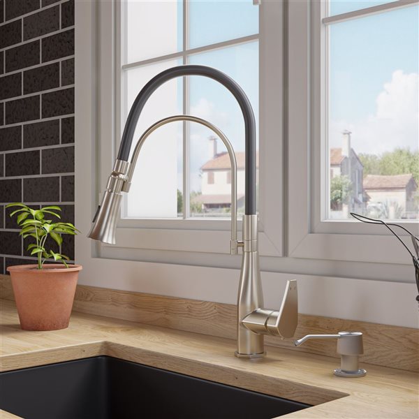 ALFI brand Pull-Out Kitchen Faucet with Black Rubber Stem - Brushed