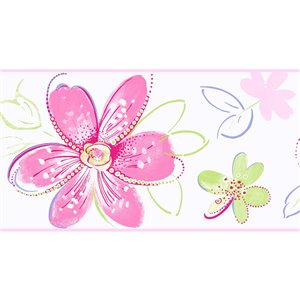 Bordure de papier peint encollé floral de York Wallcoverings, 6,75 po x 15 pi, rose/blanc