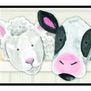 Bordure de papier peint encollé animaux de la ferme de York Wallcoverings, 9 po x 15 pi, rose/blanc/noir