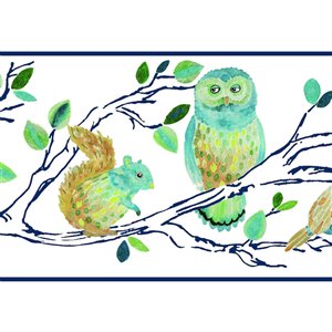 Bordure de papier peint encollé animaux de la forêt de York Wallcoverings, 9 po x 15 pi, bleu/blanc