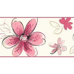 Bordure de papier peint encollé floral de York Wallcoverings, 6,75 po x 15 pi, rose/or/blanc