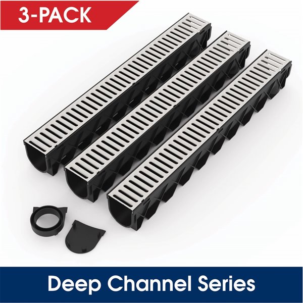 Reln Storm Drain Channel Kit with Grate - 3-Pack - Stainless
