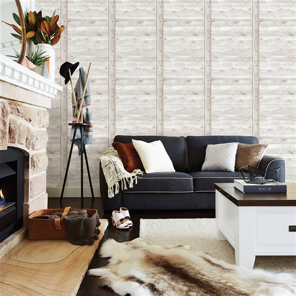 Papier peint non encollé et non tissé Absaroka Stones & Woods d'Advantage, effet bois, 56,4 pi², blanc cassé