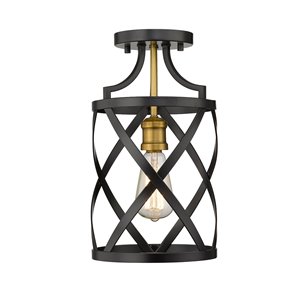 Z-Lite Malcalester 8-in Matte Black and Olde Brass Transitional Incandescent Flush Mount Light