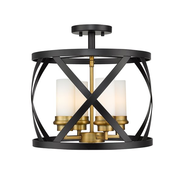 Z-Lite Malcalester 15-in Matte Black and Olde Brass Transitional Incandescent Semi-Flush Mount Light