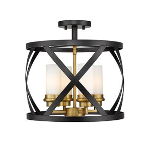 Z-Lite Malcalester 15-in Matte Black and Olde Brass Transitional Incandescent Semi-Flush Mount Light