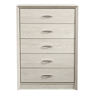 Grande commode Newport avec finition en faux bois et poignées métalliques de CorLiving, 5 tiroirs, chêne lavé blanc