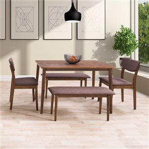 CorLiving Branson Contemporary Dining Room Set Rectangular Dining Table - 2-Chair 2-Bench - 27-in x 45-in - Warm Walnut/Brown