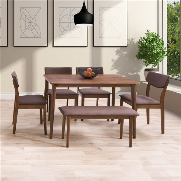 CorLiving Branson Contemporary Dining Room Set Rectangular Dining Table - 4-Chair 1-Bench - 27-in x 45-in - Warm Walnut/Brown