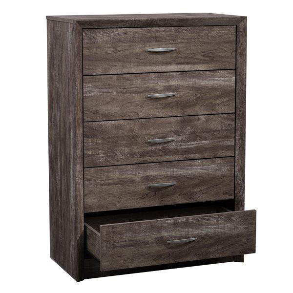 CorLiving Newport Contemporary Dark Faux Grain Finish Tall Dresser - 5-Drawer - Grey Washed Oak