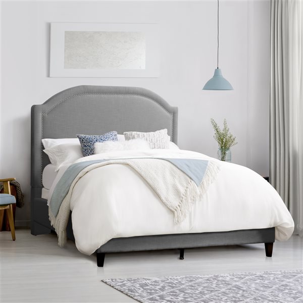 CorLiving Florence Contemporary Arched Soft Fabric Headboard Bed Frame - Standard Double/Full-Size - Light Grey