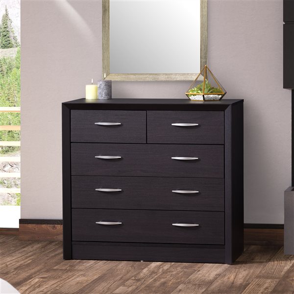 CorLiving Newport Contemporary Black Faux Grain Finish Dresser - 5-Drawer - Black Oak