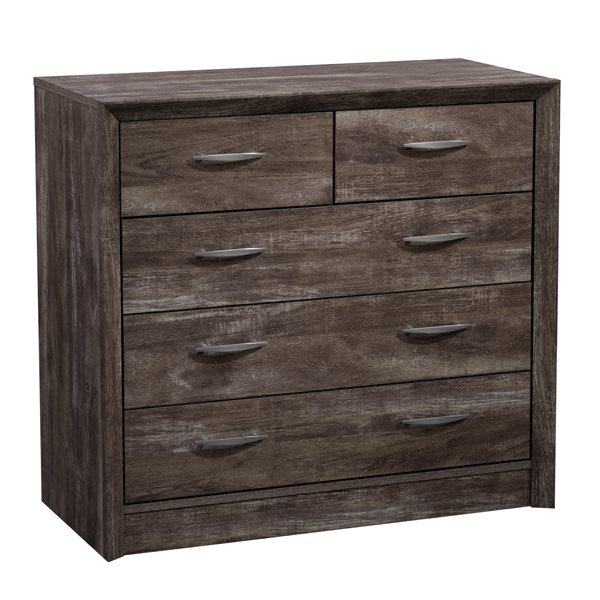 Commode Newport avec finition en faux bois et poignées métalliques de CorLiving, 5 tiroirs, chêne délavé gris