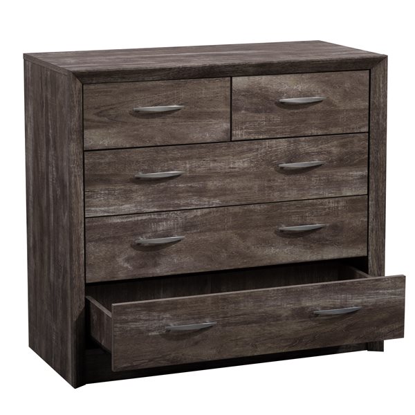 Commode Newport avec finition en faux bois et poignées métalliques de CorLiving, 5 tiroirs, chêne délavé gris