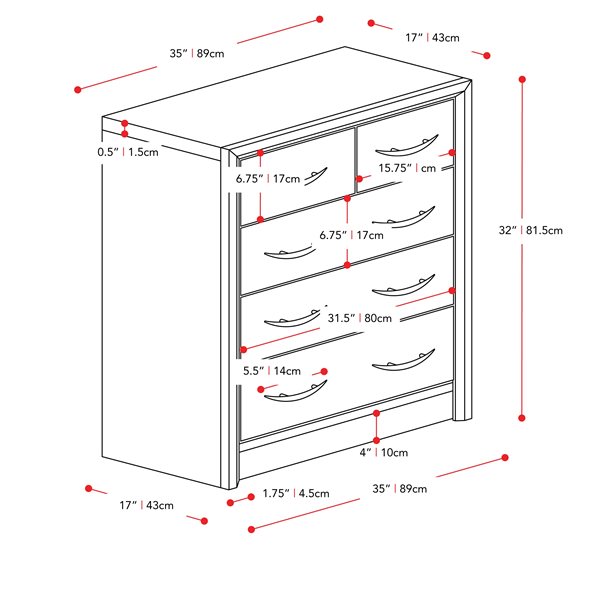 Commode Newport avec finition en faux bois et poignées métalliques de CorLiving, 5 tiroirs, chêne délavé gris