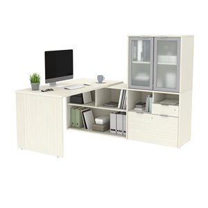 Bureau en L avec rangement et portes en verre givré moderne i3 Plus de Bestar, 71,1 po, chocolat-blanc