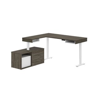 Bureau debout en L avec bahut moderne Pro-Vega de Bestar, 80,3 po, noyer/gris et blanc