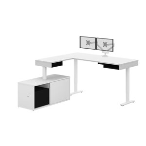Bureau debout en L avec double bras-support et bahut moderne Pro-Vega de Bestar, 80,3 po, blanc/noir