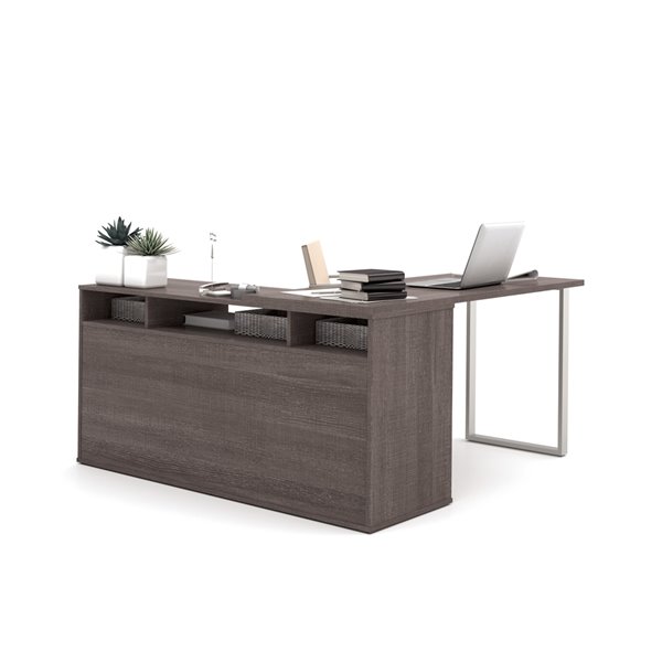 Bestar Solay L-Shaped Desk with Lateral File Cabinet and Bookcase - Bark Grey