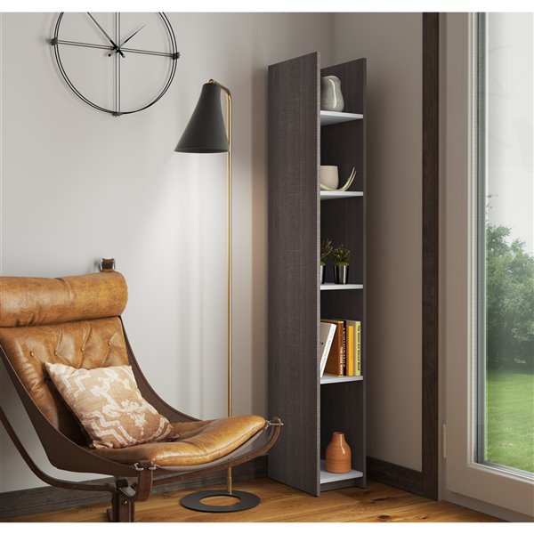 Bestar Small Space 5-Shelf Narrow Standard Bookcase - 71.1-in x 10-in - Bark Grey/White