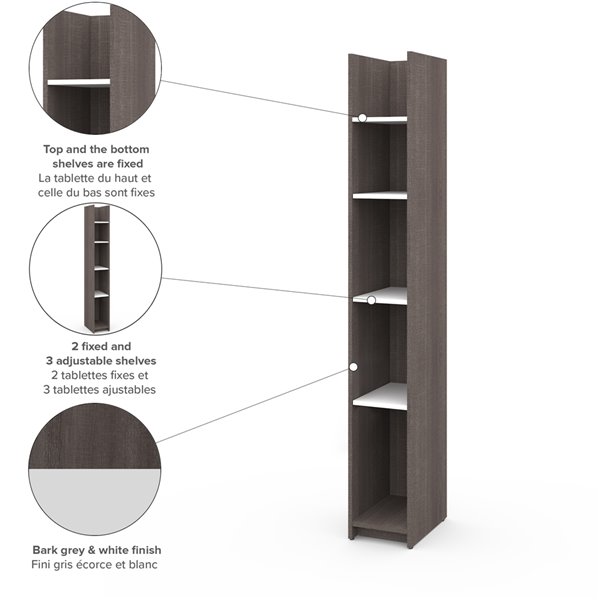 Bestar Small Space 5-Shelf Narrow Standard Bookcase - 71.1-in x 10-in - Bark Grey/White