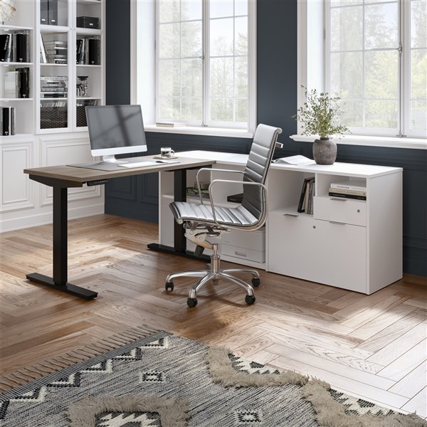 Bestar i3 Plus Modern L-Shaped Standing Desk - 71.1-in - Bark Grey/White