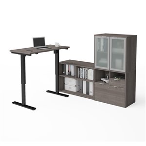 Bestar i3 Plus Modern L-Shaped Standing Desk and Hutch with Frosted Glass Doors - 71.1-in - Bark Grey