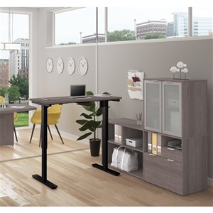 Bureau debout en L avec rangement et portes en verre givré moderne i3 Plus de Bestar, 71,1 po, gris écorce