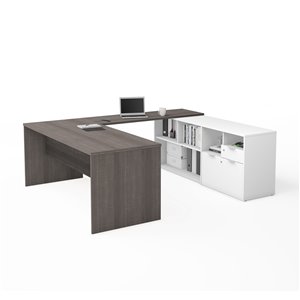 Bestar i3 Plus Contemporary U-Shaped Executive Desk - 71.1-in - Bark Grey/White