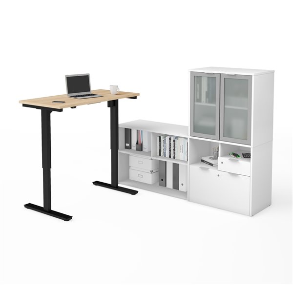 Bestar i3 Plus Modern L-Shaped Standing Desk and Hutch - 71.1-in - Northern Maple/White