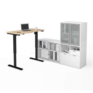 Bestar i3 Plus Modern L-Shaped Standing Desk and Hutch - 71.1-in - Northern Maple/White