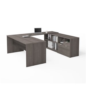 Bestar i3 Plus 71.1-in W Bark Grey Modern U-Shaped Executive Desk