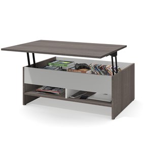 Table à café avec plateau relevable Small Space de Bestar, 15 po x 37 po, gris écorce/blanc