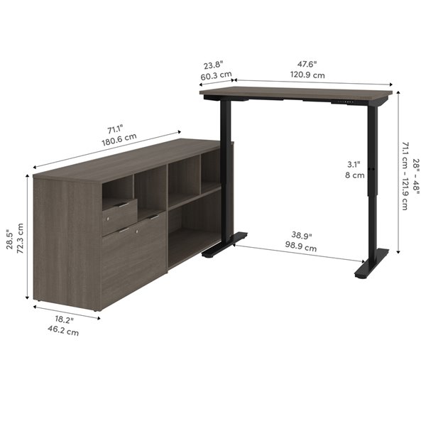 Bureau debout en L contemporain i3 Plus de Bestar, 71,1 po, gris écorce