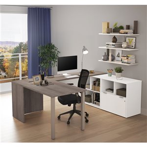 Bureau de direction en forme de U moderne i3 Plus de Bestar, 88,6 po, gris écorce/blanc