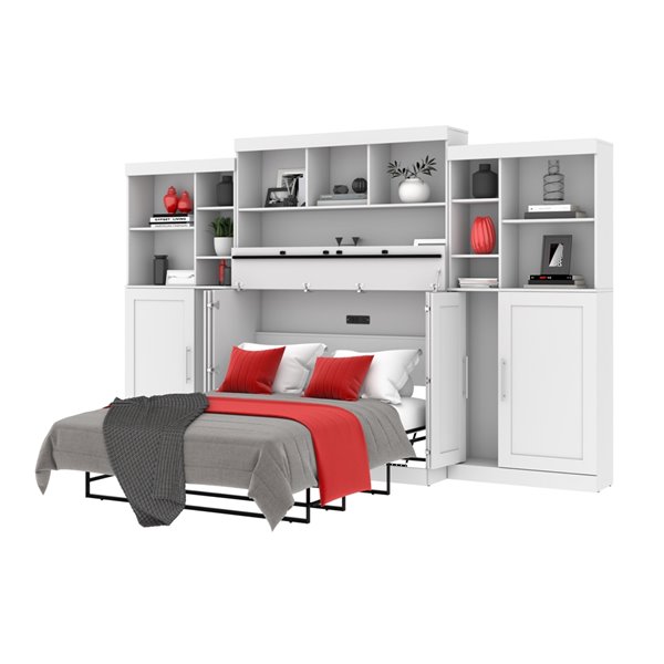 Bestar Pur Murphy Bed with 2 Storage Units and 3 Hutches Full White