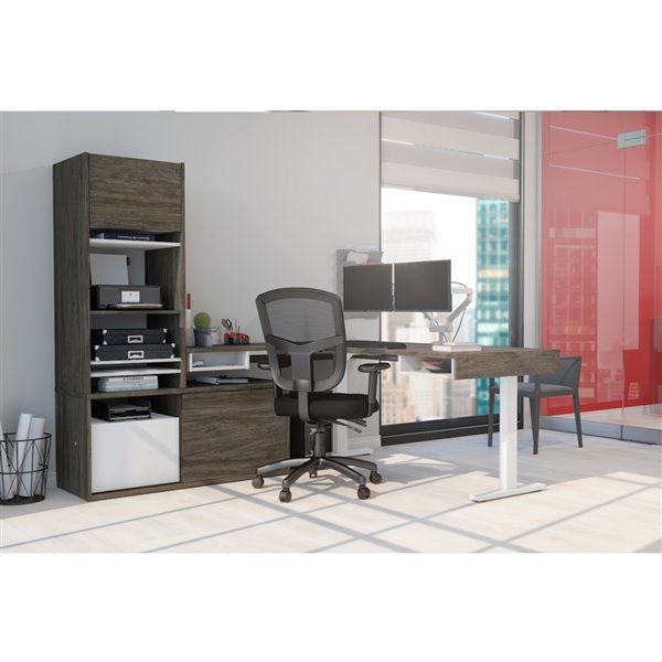 Bestar Pro-Vega Modern L-Shaped Standing Desk with Monitor Arm - Credenza and Hutch - 80.3-in - Walnut Grey/White