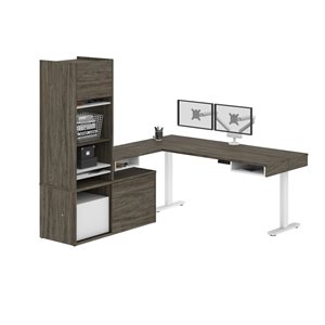 Bestar Pro-Vega Modern L-Shaped Standing Desk with Monitor Arm - Credenza and Hutch - 80.3-in - Walnut Grey/White
