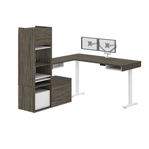 Bureau debout en L moderne avec bras-support, bahut et rangement Pro-Vega de Bestar, 80,3 po, noyer/gris et blanc