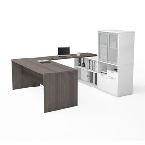 Bestar i3 Plus Modern U-Shaped Executive Desk with Frosted Glass Doors Hutch - 71.1-in - Bark Grey/White