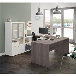 Bureau de direction en forme de U avec portes en verre givré moderne i3 Plus de Bestar, 71,1 po, gris écorce/blanc