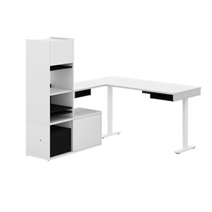Bureau debout en L avec bahut et rangement moderne Pro-Vega de Bestar, 80,3 po, blanc/noir