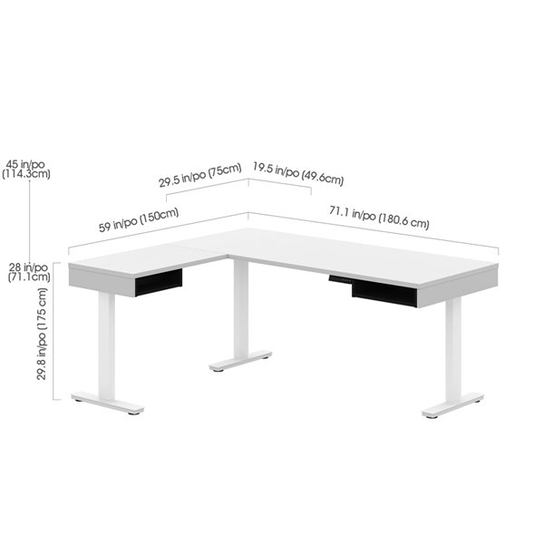 Bestar Pro-Vega Modern L-Shaped Standing Desk - 71.1-in - White/Black
