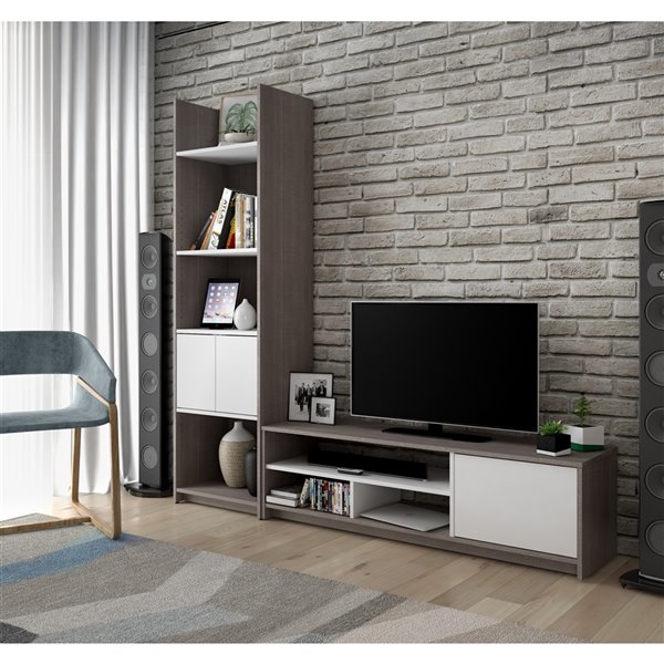 Meuble de télévision avec étagère Small Space de Bestar, gris écorce/blanc